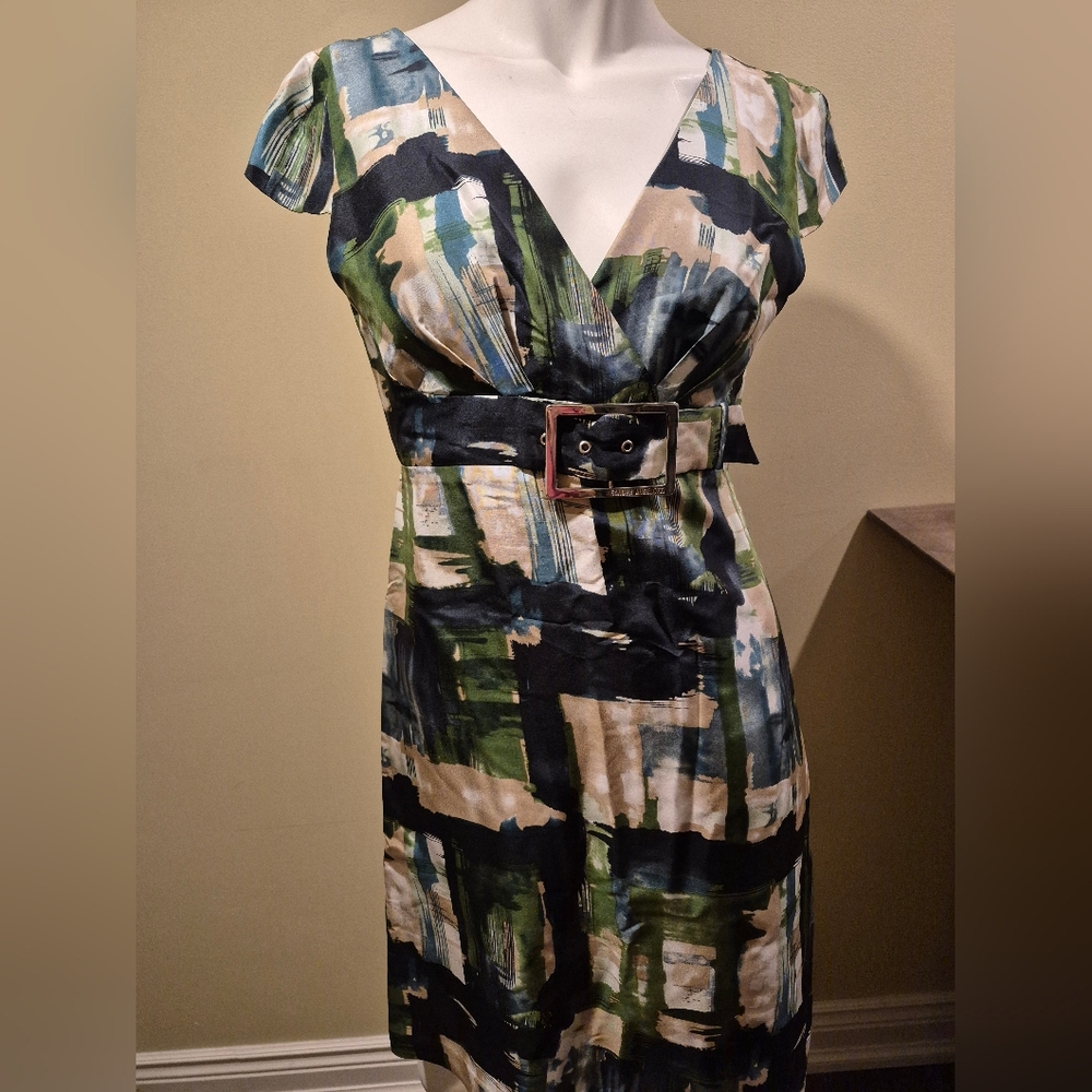Sandra Angelozzi size 32 , SILK Green/black A-line belted dress,